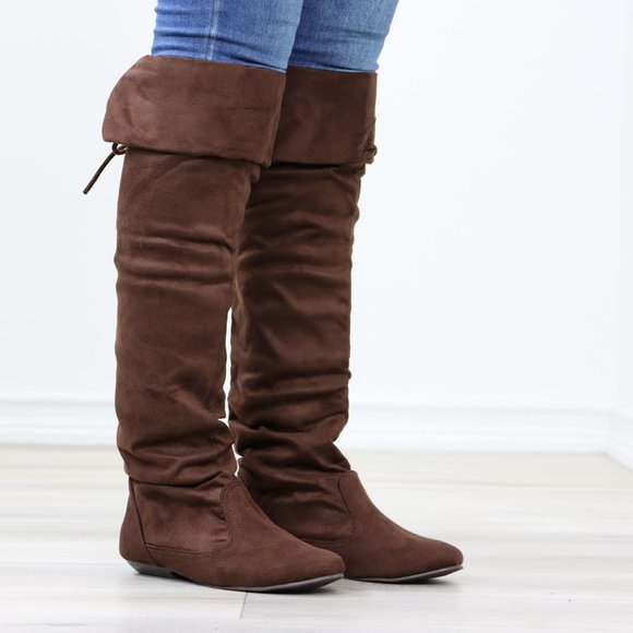 Fold Over Brown Thigh High Over The Knee Flat No Heel Boots Faux Suede Pointed - Picture 2 of 14